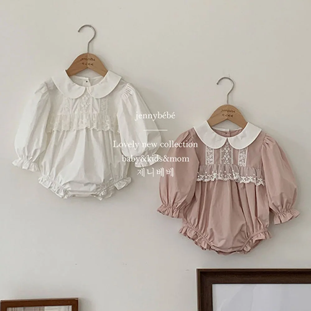 

Korean Baby Girls Bodysuit High Quality Lace Floral Embroidery Toddlers Spring Autumn Romper 2023 New Infant Costume