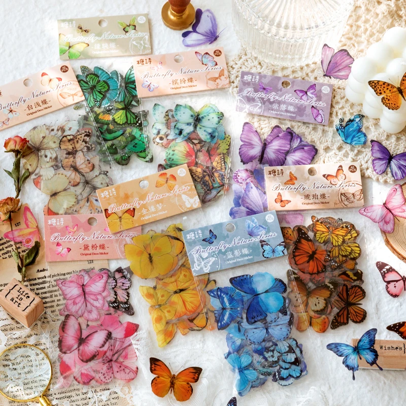 Decorative Stickers 40pcs Colorful Butterflies Decoupage Scrapbooking PET Stickers Kawaii Stationery Decals Notepad Art Students Phone Case