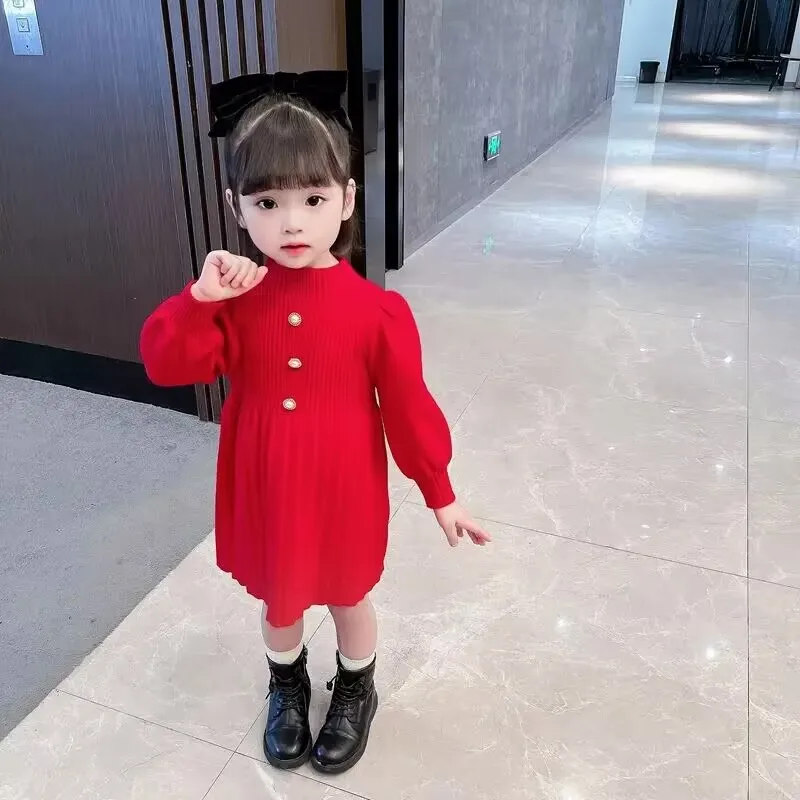 

Autumn and Winter Girls' Dress Fashion Children's Baby Fashionable Knitted Dress Baby Mid length Sweater
