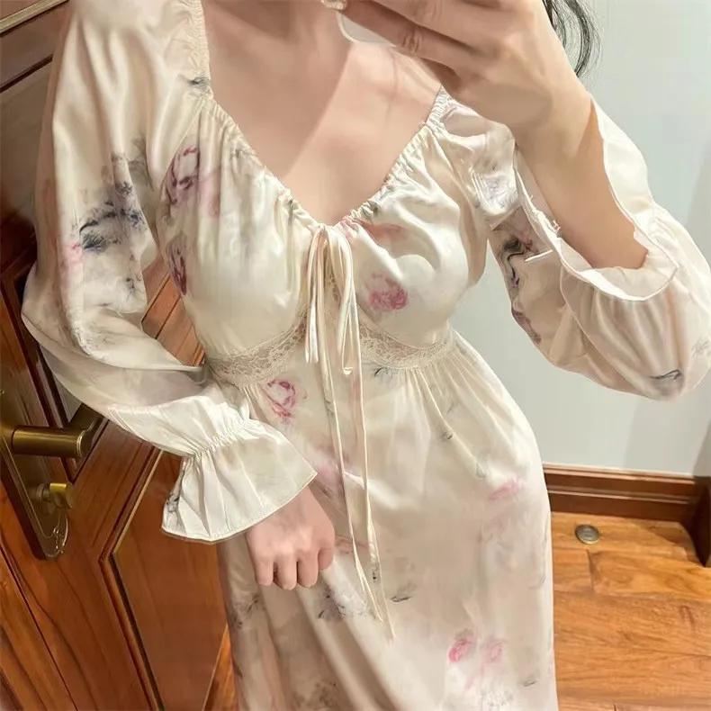 

Women Print Nightdress Dressing Gown Summer Female Long Sleeve Nightgown Sleepwear Satin Bathrobe Home Wear Dress Loungewear