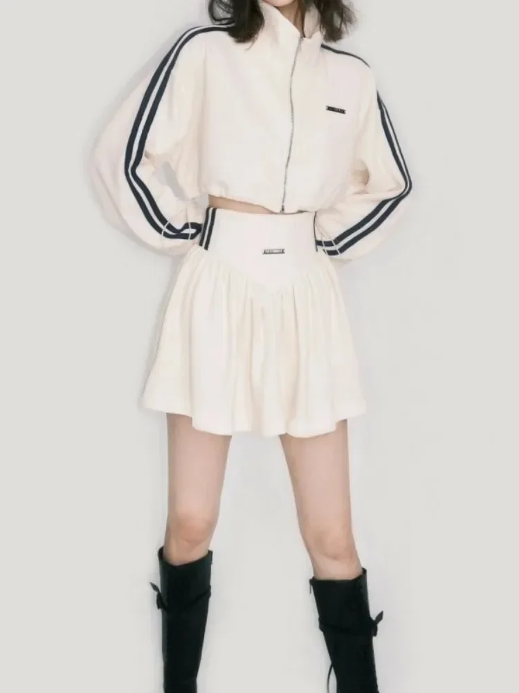ADAgirl American Retro Waffle Stand Collar Zip Up Hoodie Slim A-LINE Mini Skirts Sports Casual 2 Piece Set Women Clothes Autumn