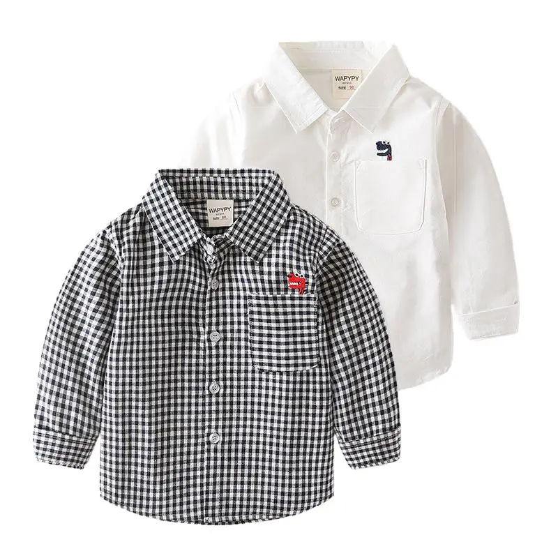 Spring Autumn Kids Boys Shirt Cotton Plaid Embroidery Cartoon Dinosuar Tops Long Sleeve Turn Down Collar Children Boy Shirt