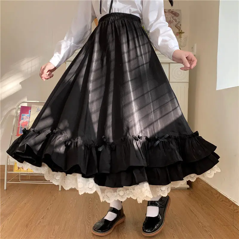 Japanese Solid Color Lolita Skirt Women Double Layer Vintage French