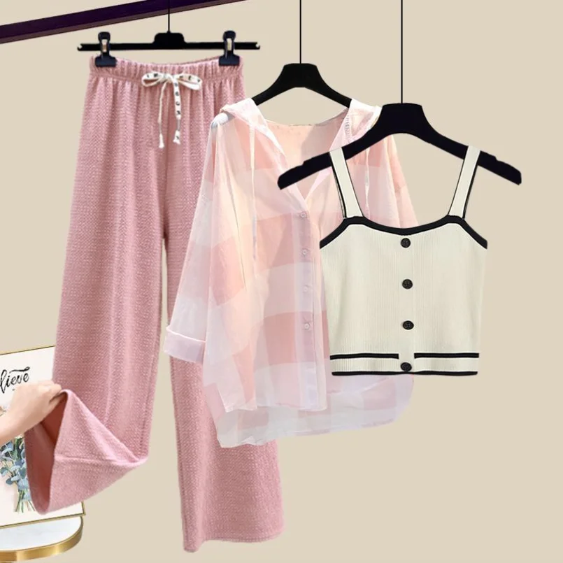 Large Women's Summer Set Women's 2023 New Sunscreen Shirt Women's Slim Slim Slim Strap Tank Top Wide Leg Pants Three Piece Set