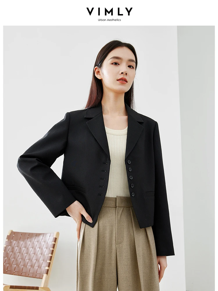 Vimly Spring Cropped Suit Jacket Women Blazer Solid Notched Single Breasted Long Sleeve Coat Office Ladies Outerwear M5168