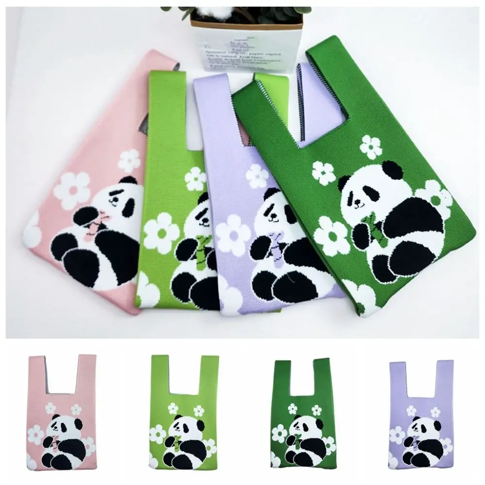 

Cartoon Animal Panda Knot Wrist Bag Wool Bucket Bag Handbag Flower Knitted Bag Mommy Bag Purse Bag Small Square Tote Bag Travel