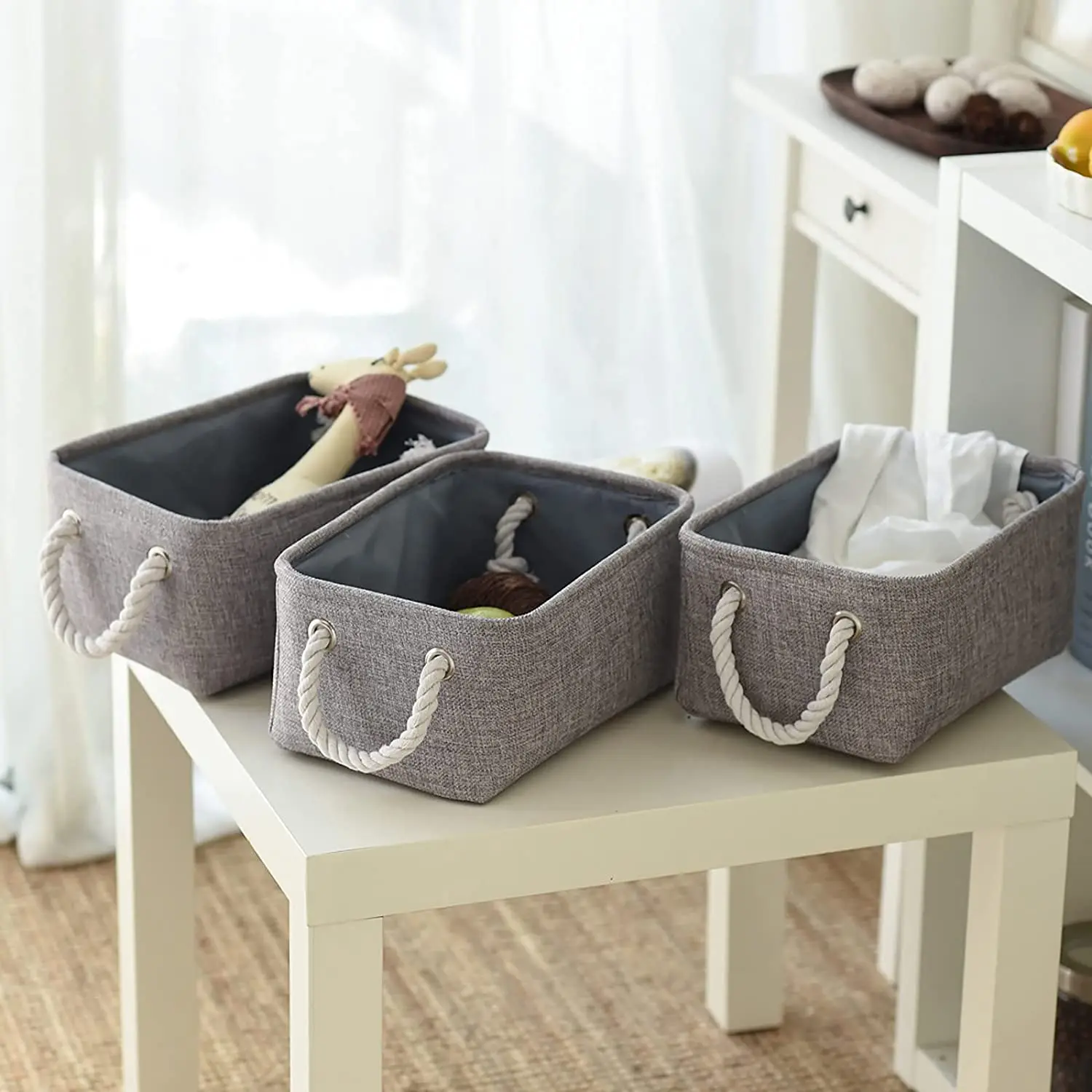6 Pack Nursery Small Baskets for Storage Baskets for Gifts Empty Laundry Fabric Storage Baskets for Shelves White&Blue, 11.8 x 7.8 x 5.1 Foldable Storage Basket for Organizing Closets 