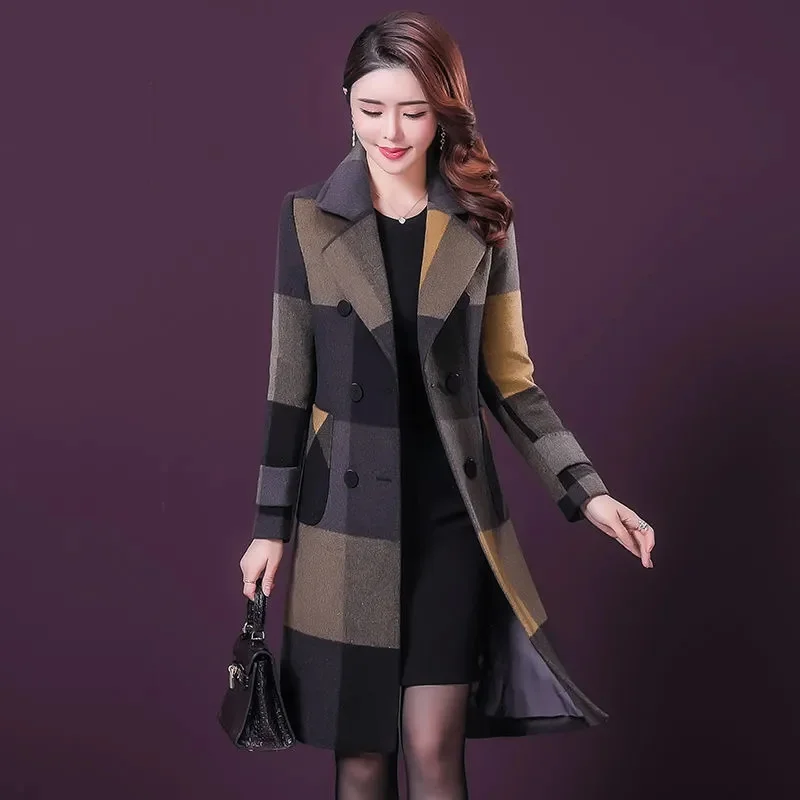 

2024 New Winter Wool Coat Casual Women Double Breasted Overcoat Female Jackets Long Plaid Woolen Coat Outerwear Streetwear