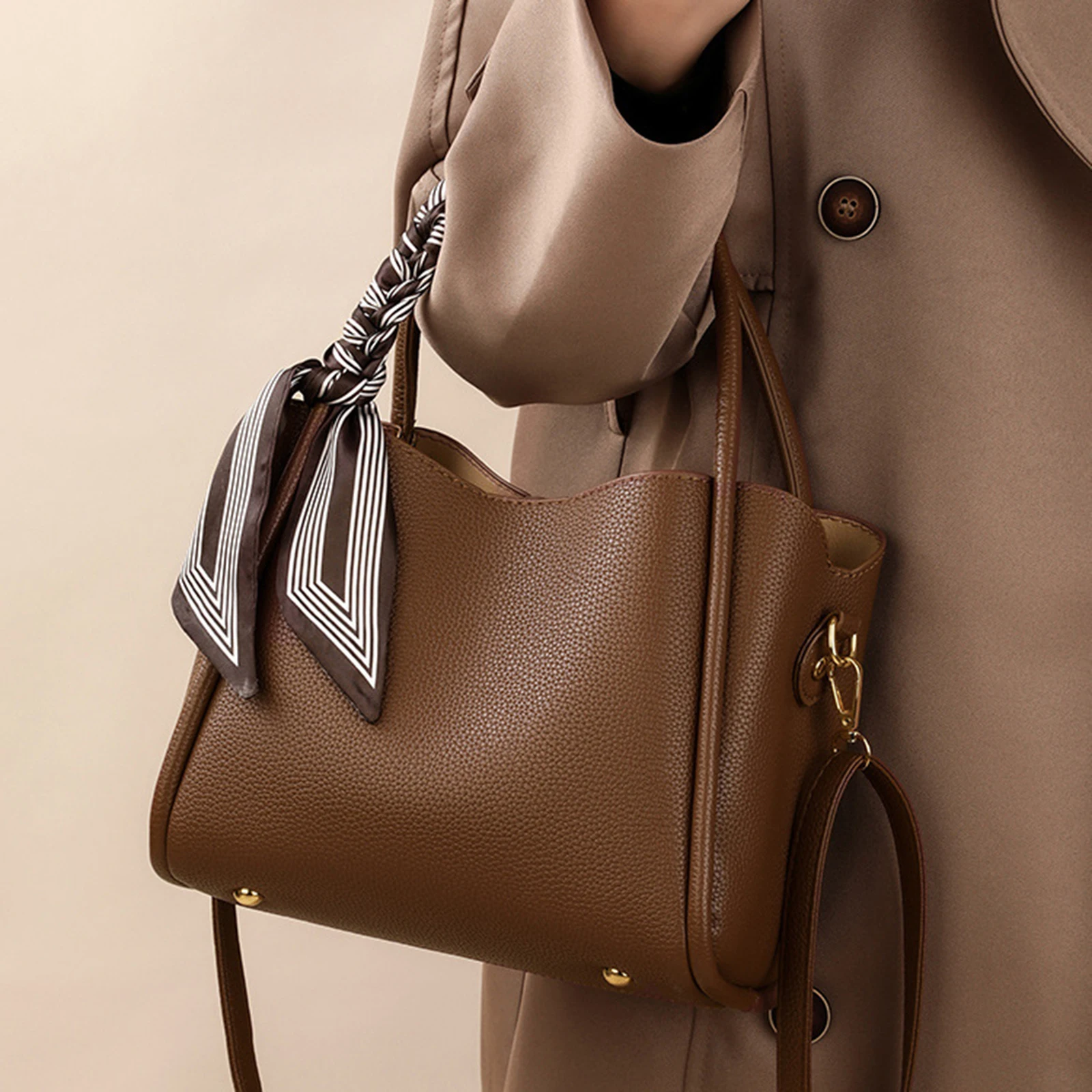 PU Ribbon Bucket Shoulder Bags Solid Color Purse Handbag Large Capacity Shoulder Bag for Woman Gifts