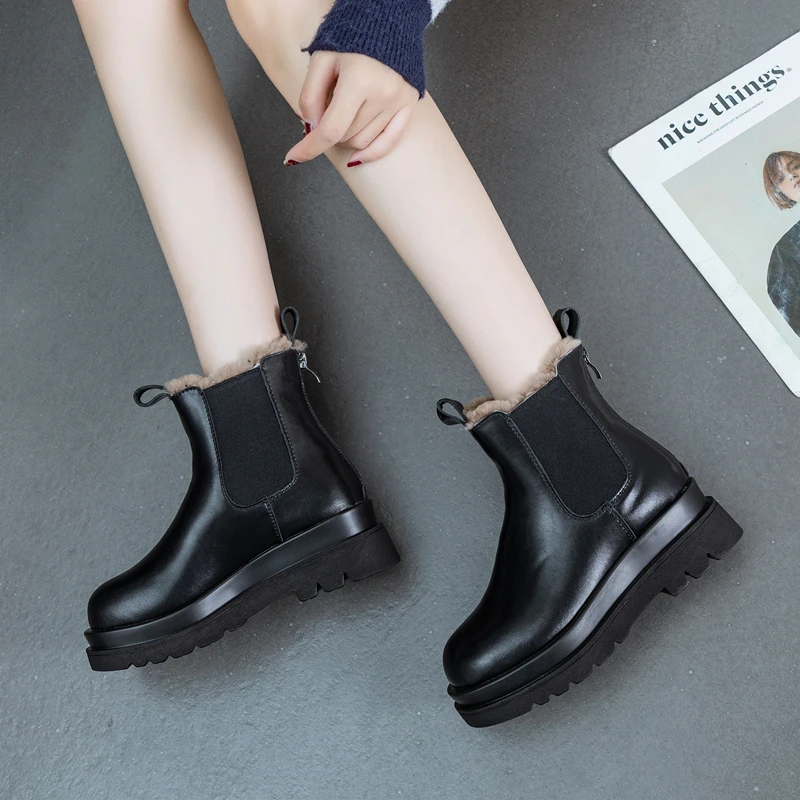 CICIYANG Chelsea Boot Women Genuine Leather British Style Winter Ankle Boot 2024 New Chunky Heel Platform Fur Short Boots Black