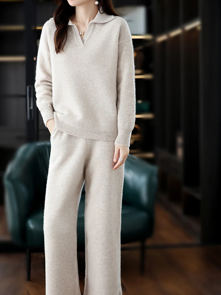 Nový kašmírové oblek ženské klopa korejské varianta z senior ležérní svetr široká hohavice kalhot vlna pletené dvoudílná oblek