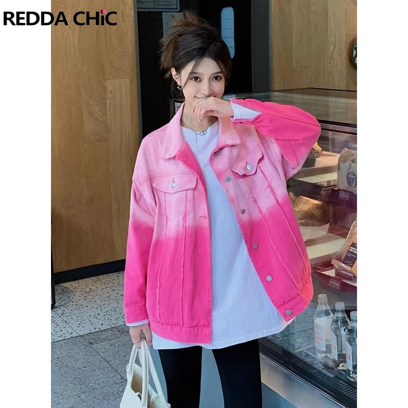 

ReddaChic Barbiecore Pink Gradient Denim Jacket for Women Long Sleeves Lapel Bomber Trench Coat Y2k Autumn Winter Outerwear