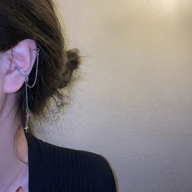 Single Non Pierced Star Tassel Chain Pendant Ear Clip Women Fashion Ear Clip