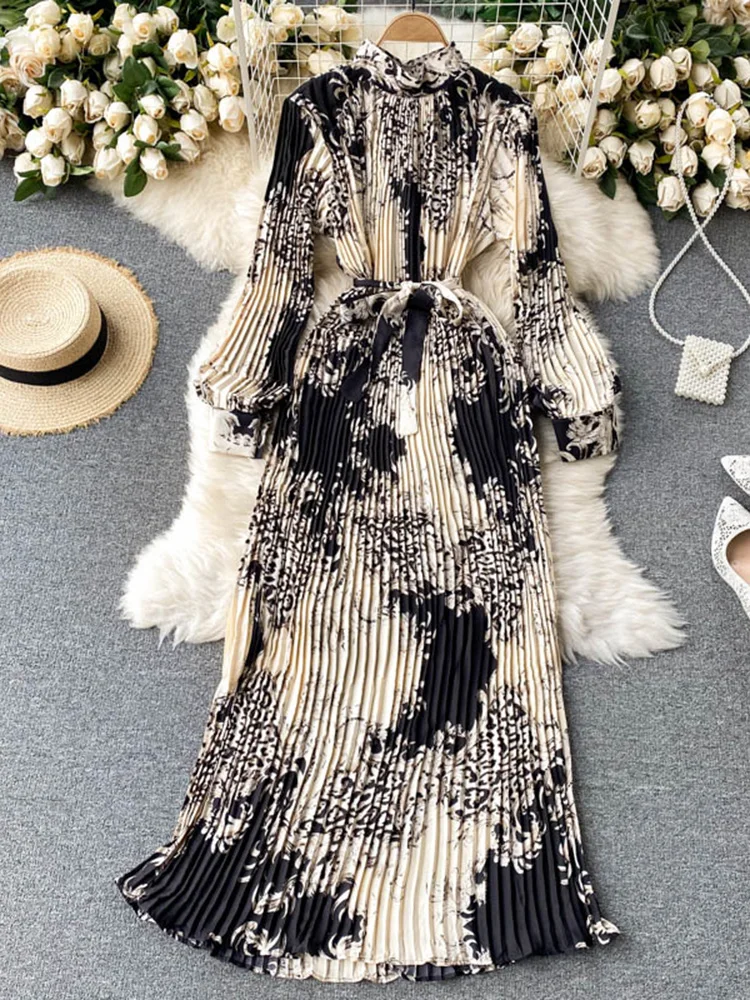 

2023 New Spring Retro Print Pleated Long Maxi Vestidos Femininity Small Stand-up Collar Puff Sleeve Slim Holiday Dress C293