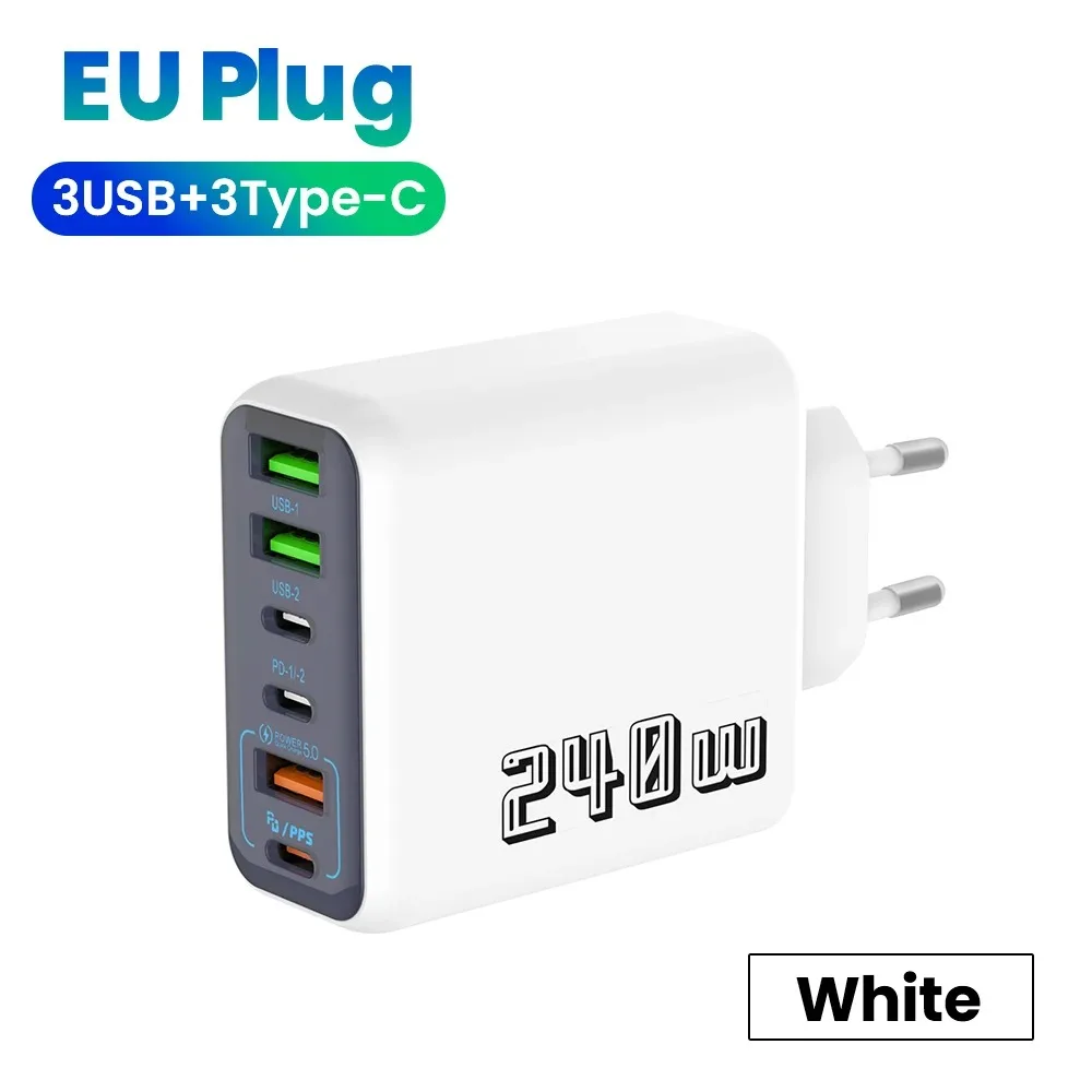 USB-зарядний пристрій 240 Вт типу C для швидкого заряджання мобільних телефонів, адаптер зі штекерами EU/US/UK, зарядний пристрій для подорожей з функцією швидкого заряджання для iPhone, Samsung, Xiaomi