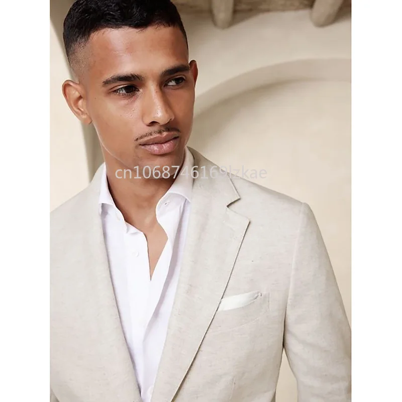 Beige Notch Lapel Single Breasted Men's Suits  Slim Fit Wedding 2 Piece Jacket Pants Set Custom Made Terno Full Set  Linen Suit