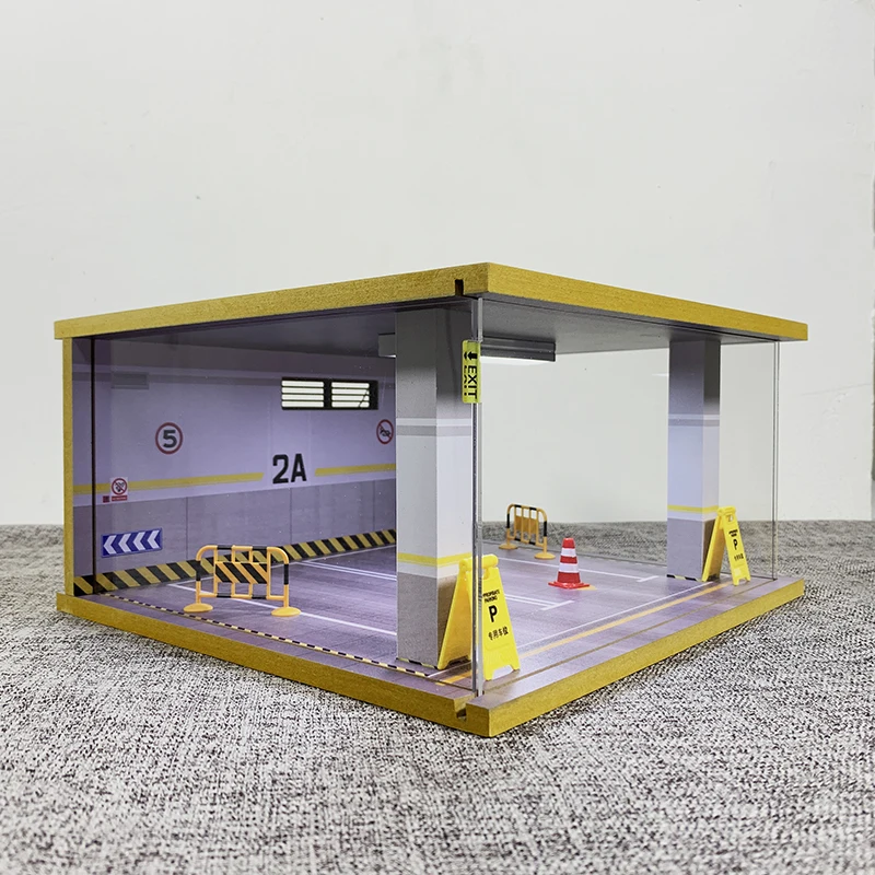 1:24 Car Garage Model Solid Wood Parking Lot Scene with Light Collection Decoration Acrylic Display Box 3