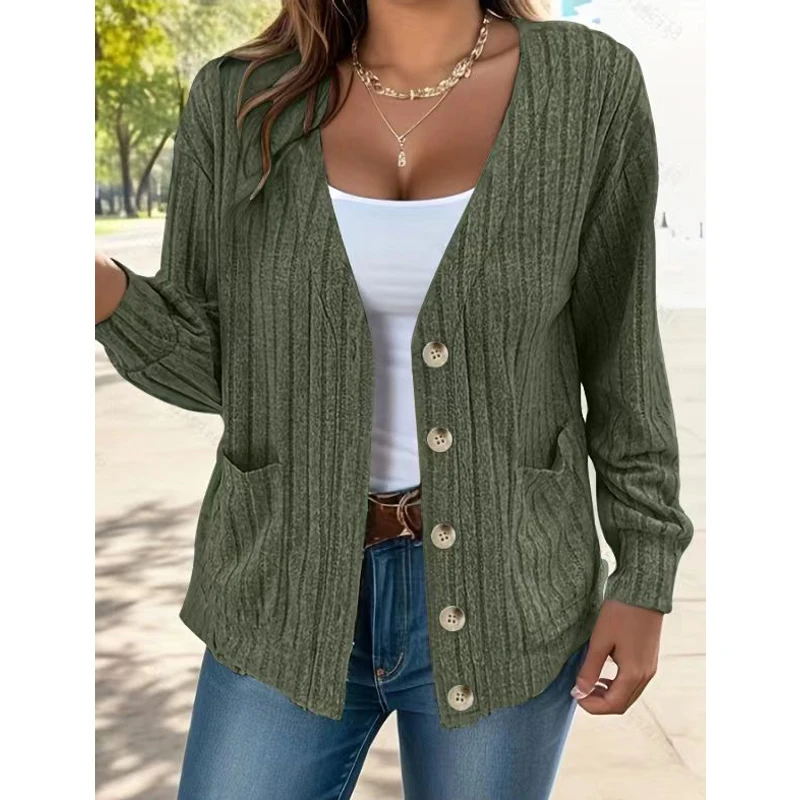 Women Vintage Simple Ribbed Single Breasted Cardigan Jacket Autumn Winter Trendy Casual V Neck Long Sleeve Loose Pockets Coats