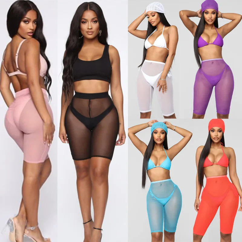 2022 Summer Bikini Cover Ups Women Mesh Sheer Beach Shorts High Waist