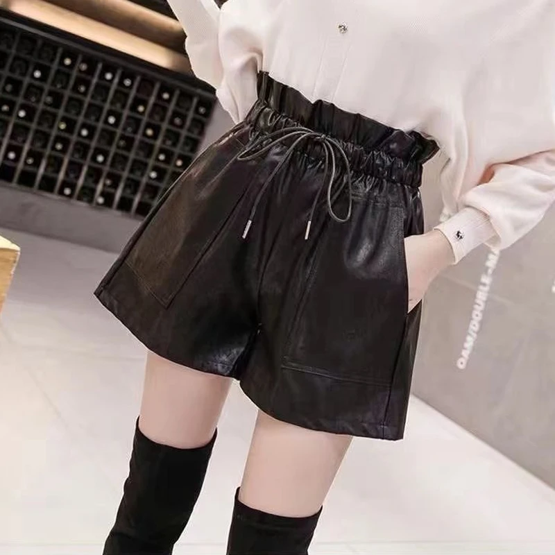 Spring Autumn New Black High Waist Loose Shorts Solid Color All-match A-line Wide Leg Pants Fashion Casual Women Clothing S-3XL