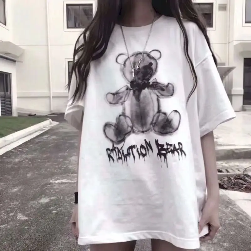 

Y2k Streetwear Tops Anime Oversized T-shirt Women Gothic Hip-hop Casual T Shirts Bear Graphics T-shirts Female Ladies Clothing