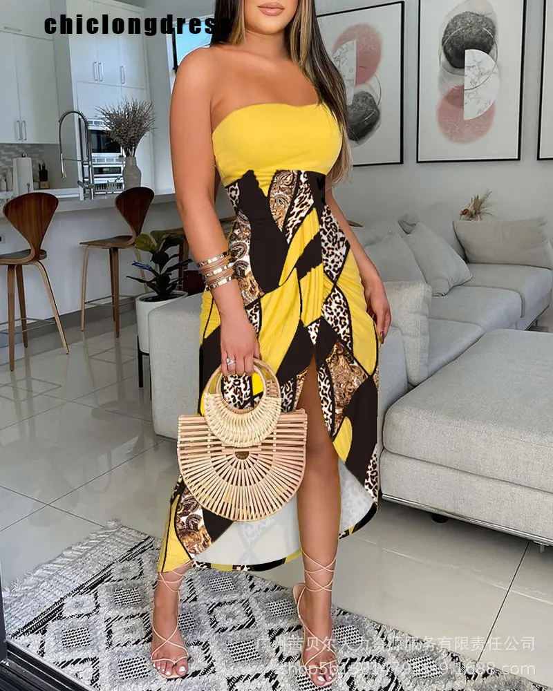 

Summer Sexy Beach Style Strapless Dress Women Fashion Print Off Shoulder Split Irregular Dress Women
