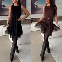 Comfortable Casual Solid Color Sleeveless Dresses Women See Through Lace Mesh Patchwork Vest Dress Fashion Lady Midi Vestidos