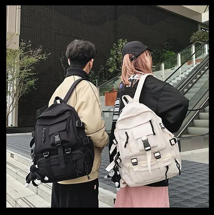 Preppy Style Black Backpack Unisex Women Men Backpack Nylon Waterproof Multi-Pocket Design Mochilas Teenagers Shoulder Bag