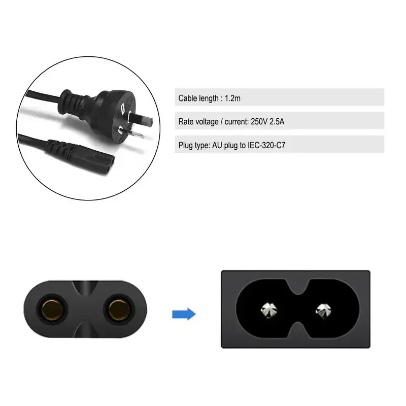 Universal AC Power Cord 2-Pin IEC C7 Figure-8 Cable, 1.5m Length