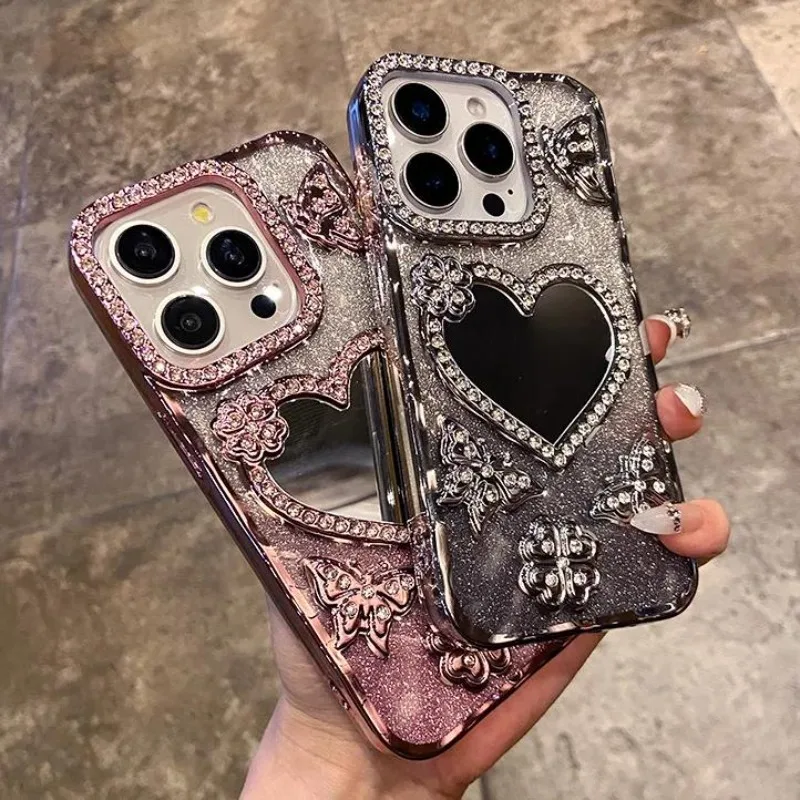 Luxury Electroplate Butterfly Glitter Diamond Case for IPhone 17 16 15 14 13 12 Pro Max Transparent Heart Make Up Mirror Cover