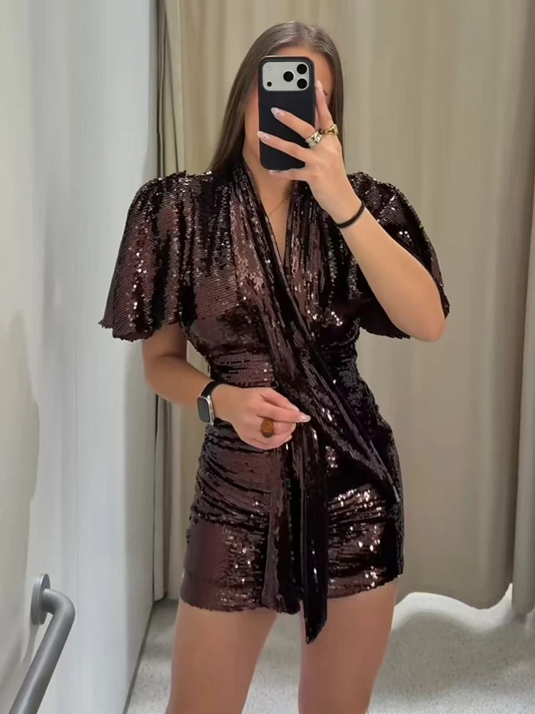Sexy Solid Sequin Dress For Women Chic Short Sleeve Scarf Neck Slim Fit Mini Dresses 2026 New Lady Evening Party V Neck Dress