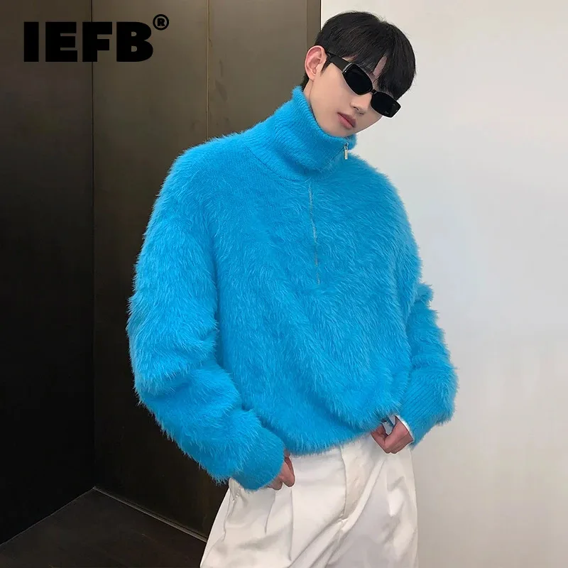 

IEFB Korean Style Men's Pullovers Imitation Mink Velvet Half Zipper High Neck Sweater Loose Winter Solid Color Knitwear 9C3319