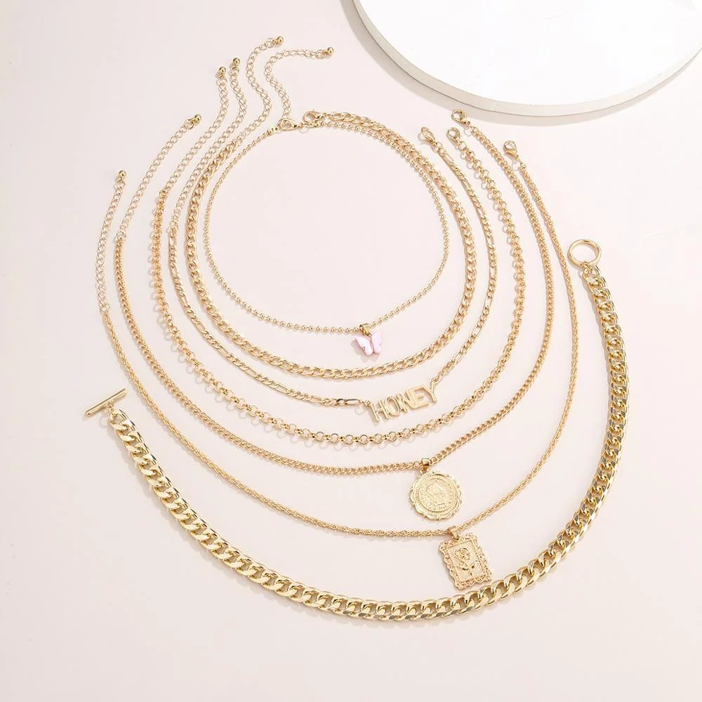 7 Pcs Fashion Punk Gold Color Pendant Chain Necklace Set for Women Vintage Boho Letter Coin Multi-Layer Necklaces Jewelry Gifts