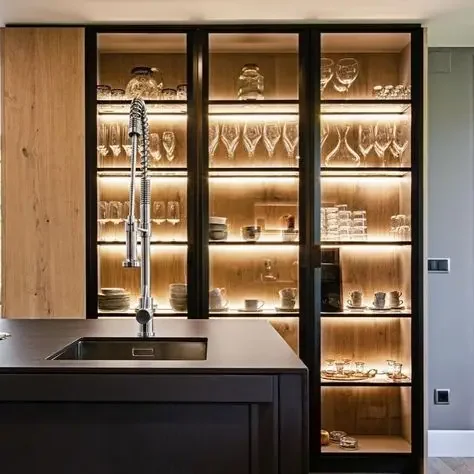 Bar Wine Cabinet Storage Cabinet LED Light Glass Door