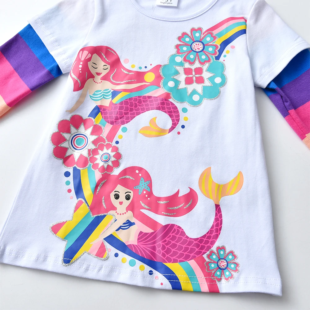 DXTON Girls Rainbow Sleeve T-shirts Spring Mermaid Printed Children Girls Tops Floral Toddlers Cotton Tees Cartoon Kids Outfits 2