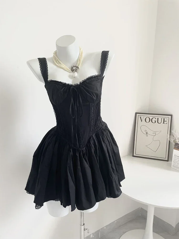 Elegant Korean Academy Evening Party Women's Square Neck Bow A-line Dress Thin Shoulder Strap Tie Waist Solid Color Design Dress