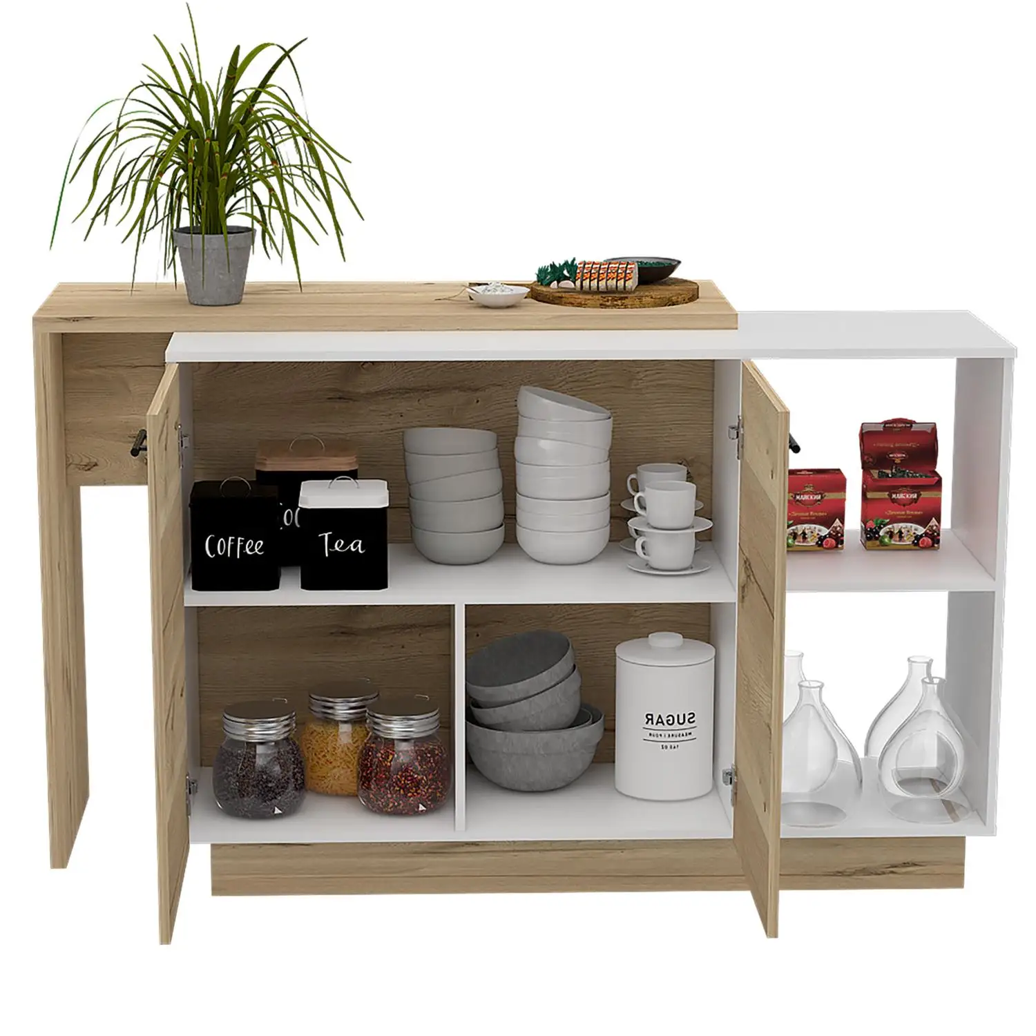 Sicilia Kitchen Island, Two  External Shelves, Double Door Cabinets, Three Shelves White / Light Oak 5