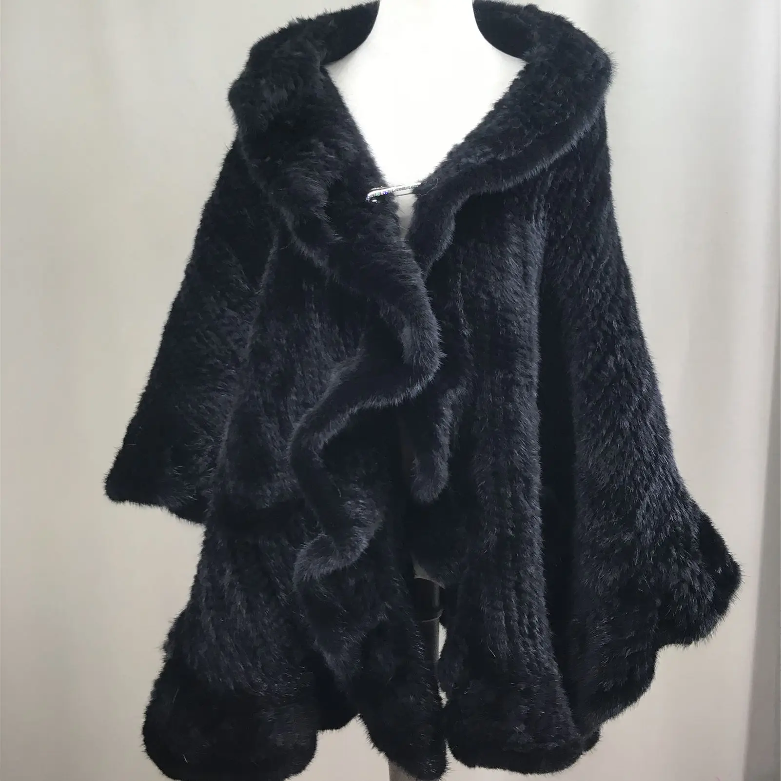 Natural Mink Fur Knitting Shawl With Falbala Cape Stole Plus Size Brown Black Color Women Pullover B230810