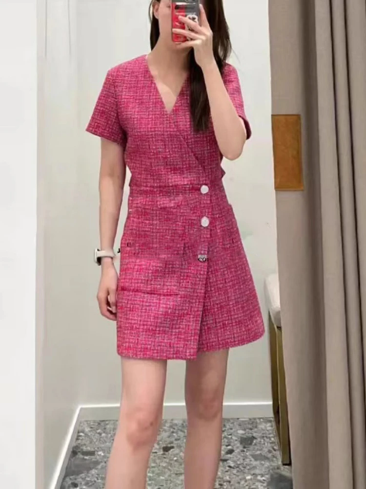 

Women Mini A-line Robe Side Buttons Tweed Waist Hollow out Short Sleeve Fake Two Pieces Slim Lady V-neck Spring 2024 Dress