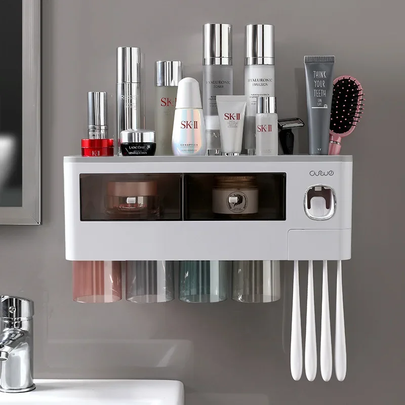 Toothbrush Bathroom Accessories Set Wall Mount Storage Rack Toiletries Storage Toothpaste Dispenser with Cup Mug Holder Rack