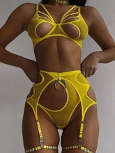  Ellolace Sexy Lingerie Cut Out Bra Erotic Brief Sets 4-Pieces Sensual Fancy Underwear Garters G-Strings Thongs Lace Exotic Set 