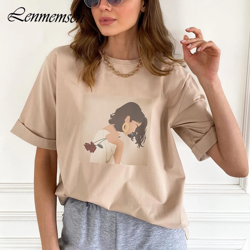 

Футболка Lenmemsen в стиле Харадзюку женская с графическим принтом, Повседневная Свободная хлопковая рубашка с коротким рукавом, модный топ оверсайз, лето 2023