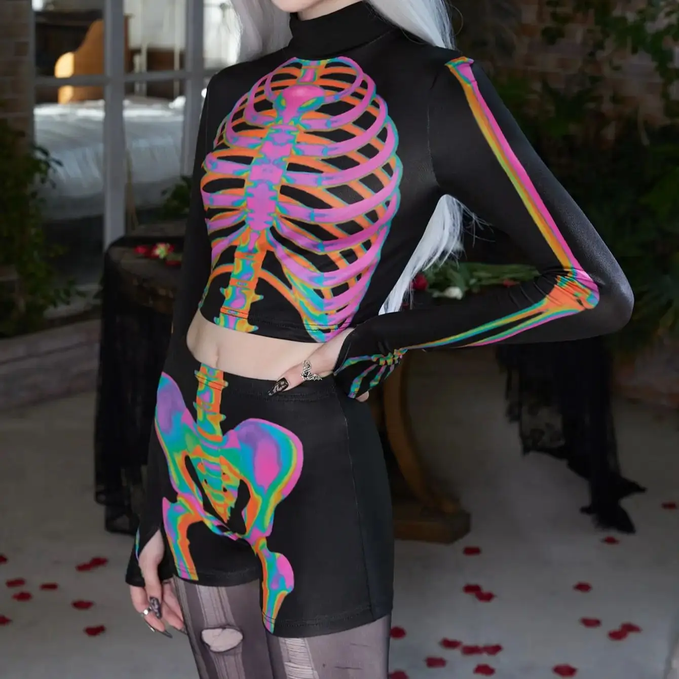 Halloween Bungee dance role play two-piece human skeleton set &middot; Design sense print Spice Girl style