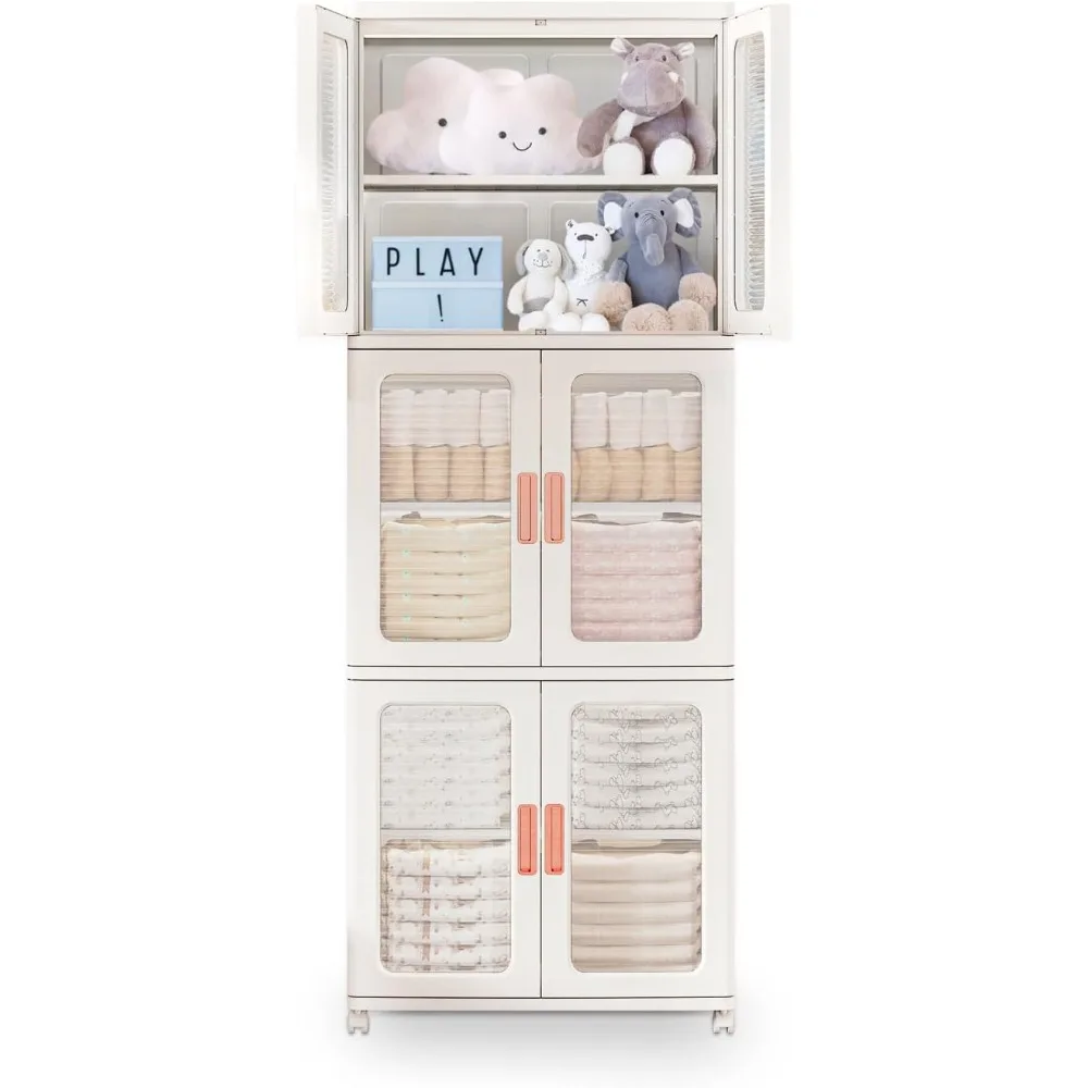 3-Tier Stackable Storage Cabinet Portable Pantry Organizer with Locking Wheels Customizable Closet Cupboard Home Organization