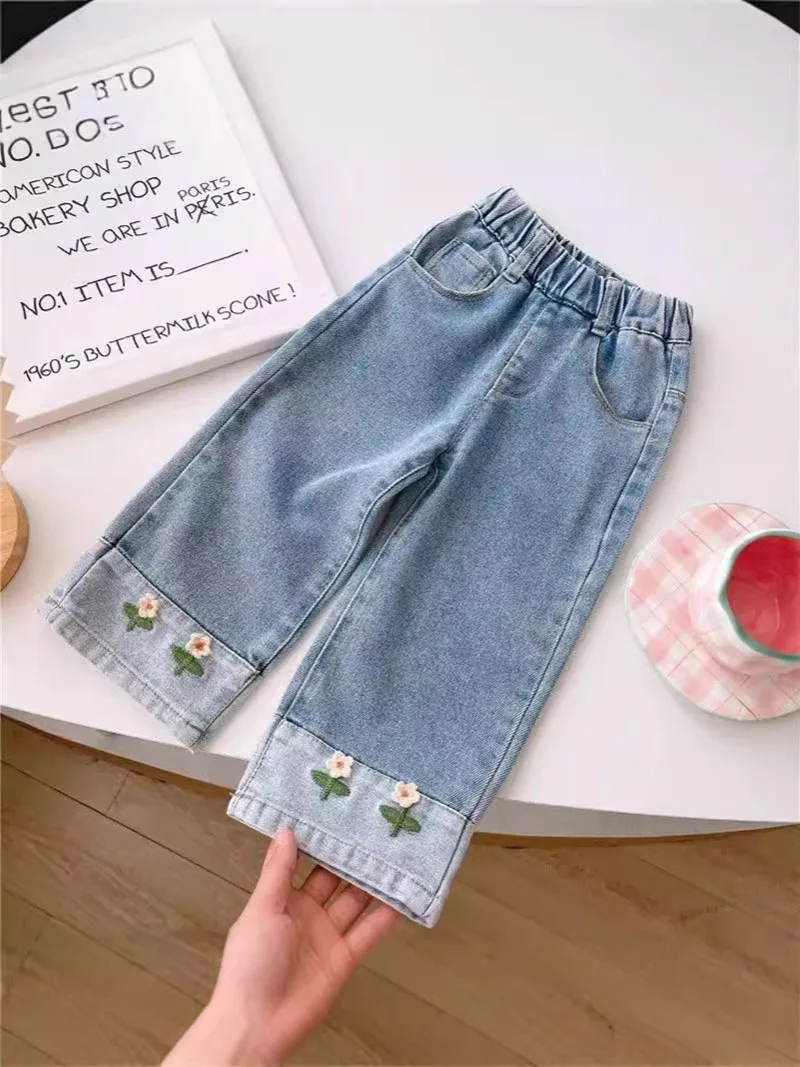Girls Autumn Jeans Wide Leg Pants with Embroidered Flowers