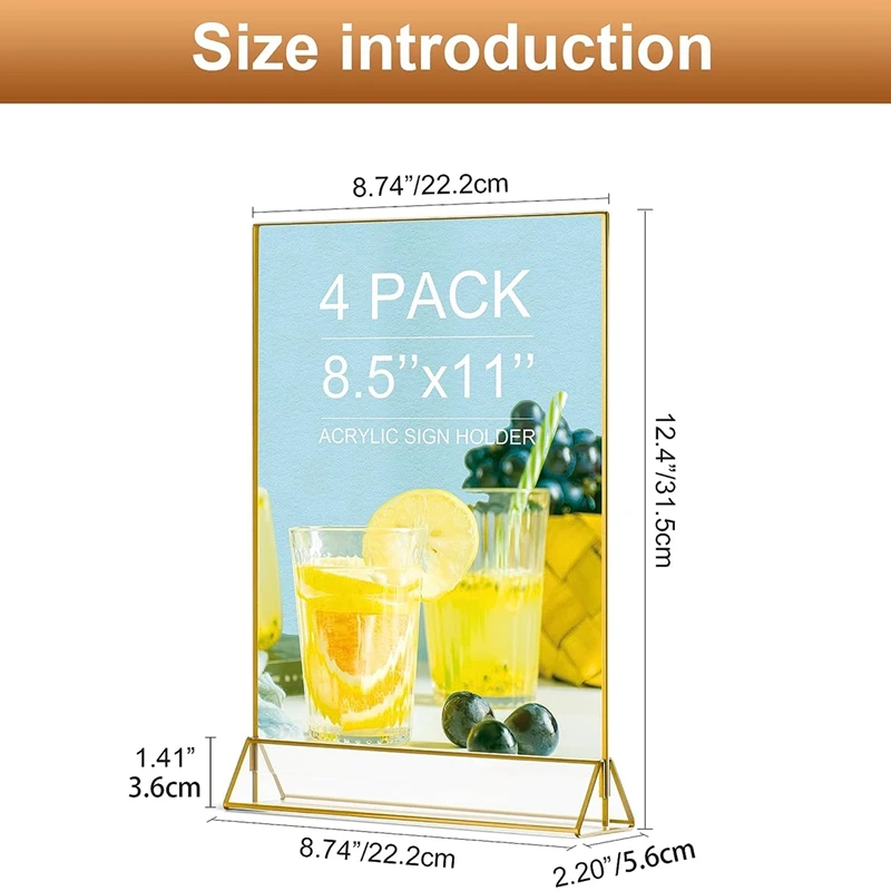 4Pack 8.5X11 Gold Picture Frame Acrylic Sign Holder Wedding Signs Table Numbers Menu Holders Kit