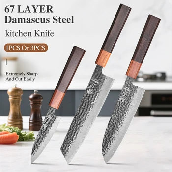 1PC-3PCS Professional Kitchen Knives Set Japanese Handmade 67 Layer Damascus Steel Kiritsuke Chef Knife Santoku Paring Knife
