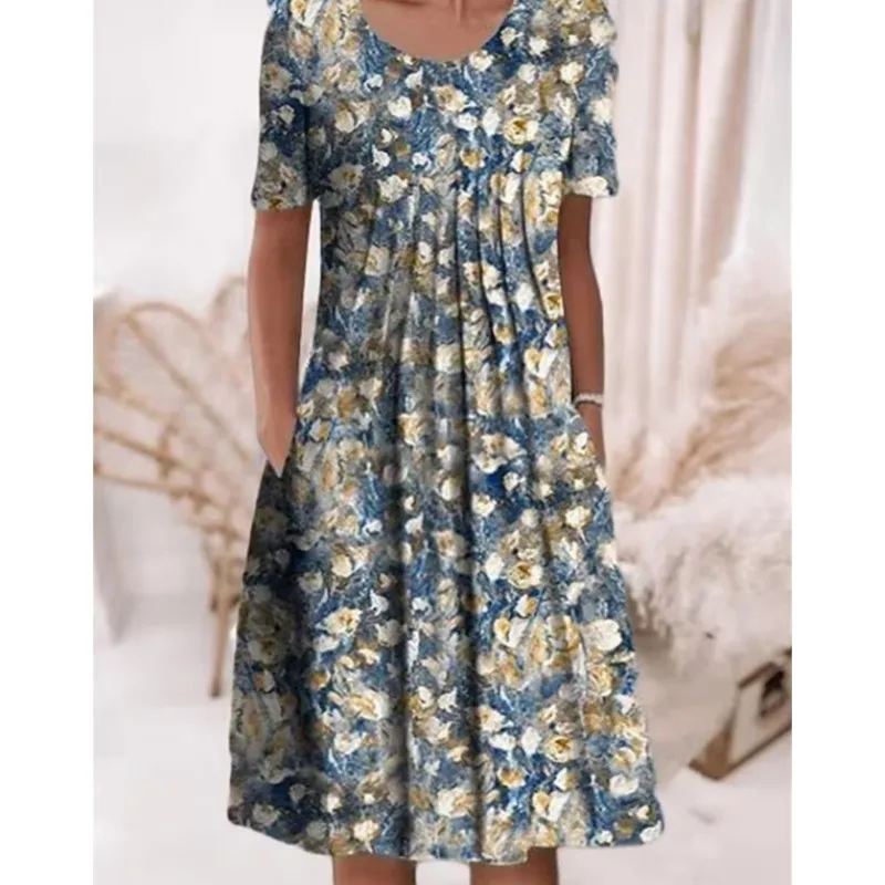 

Fashion Floral Dress Top Women's A-line Pleated Pocket Long Skirt Loose Comfortable Korean Version Vestido Female Street Wear