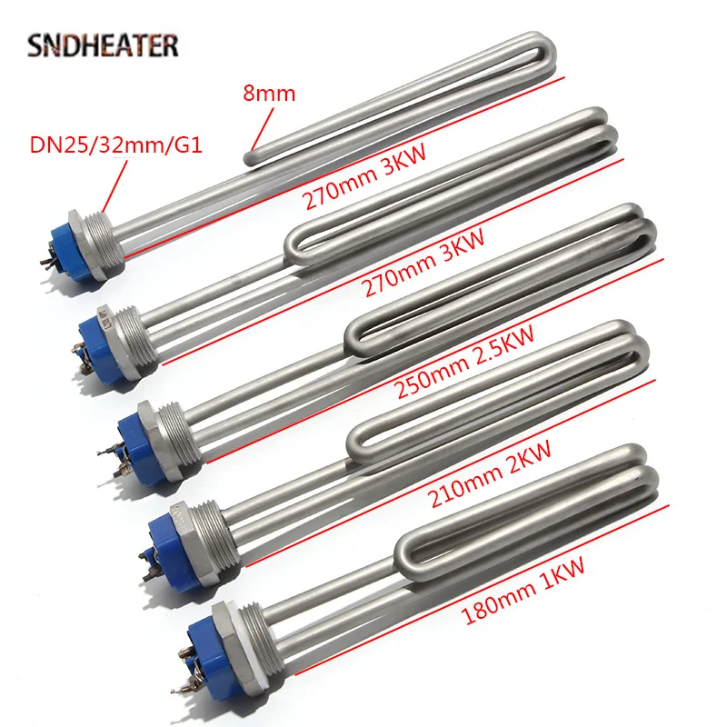 SNDHEATER 120V 240V Fold Solar Water Heater Pipe DN25 1 Inch BSP Thread Stainless Steel Heating Element 1KW/2KW/2.5KW/3KW/3.5KW