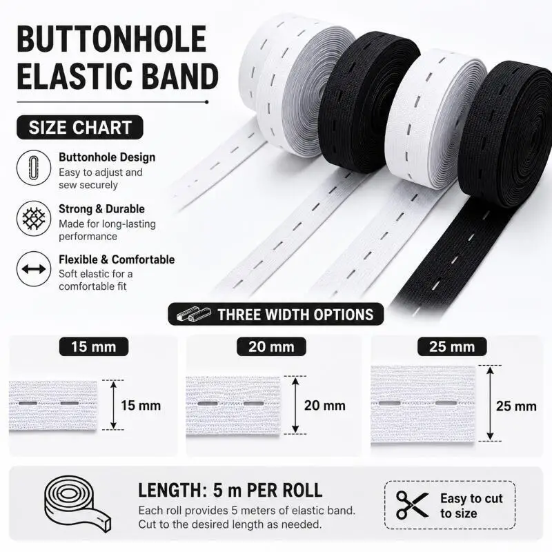 Adjustable Elastic Band for Sewing – 5 Meters, White & Black, Buttonhole Feature